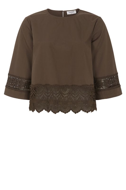 Tooday Alba bluse med blondebort i mørkebrun I Dresslab