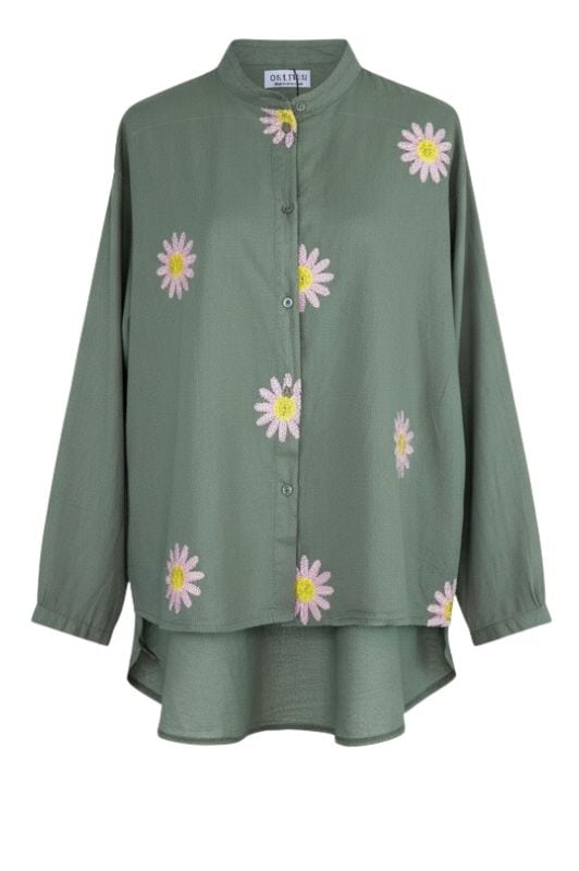 OM-HU Bodhi skjorte | Bomuldstop med broderede blomster i khaki I Dresslab