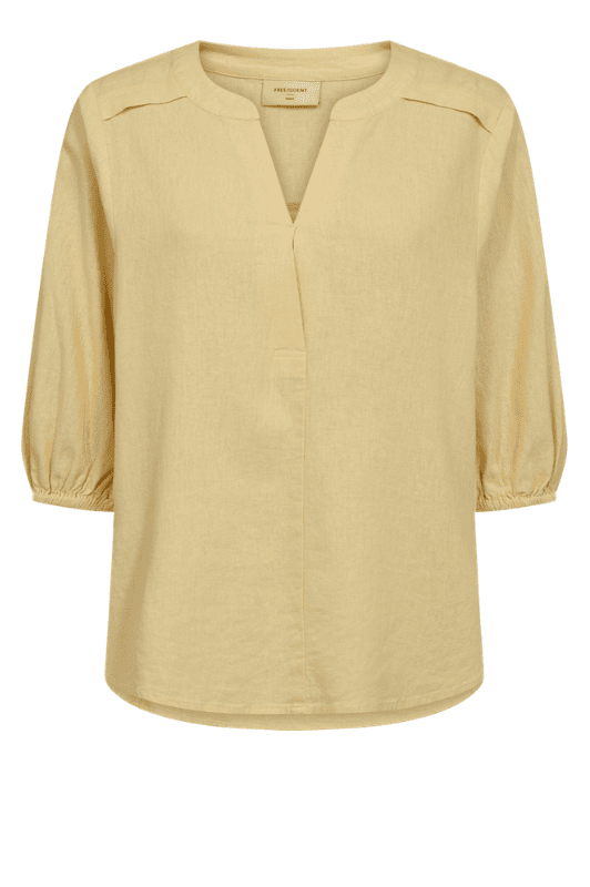 Freequent Lava shirt | Feminin hørbluse i solgul I Dresslab