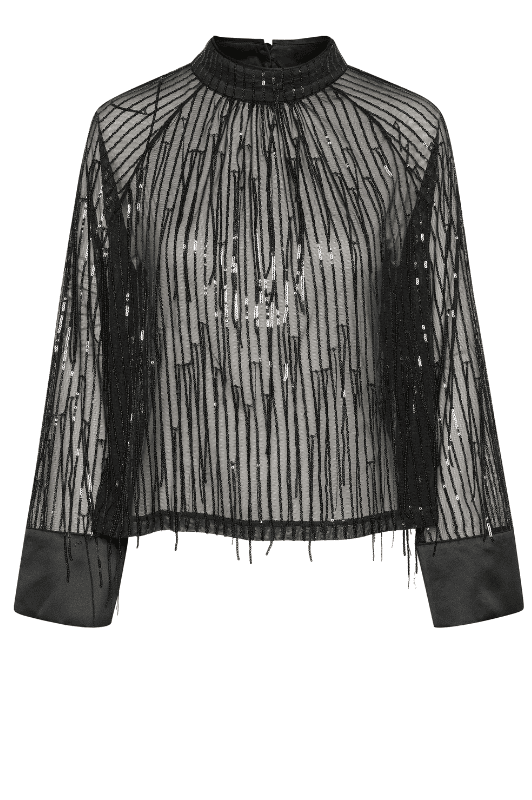 Saint Tropez Halema top | Sort meshbluse med paillettråde