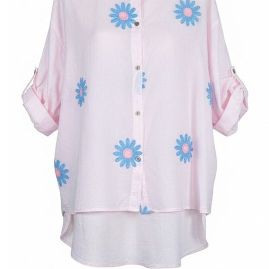 OM-HU Bodhi skjorte | Bomuldstop med broderede blomster i rosa I Dresslab