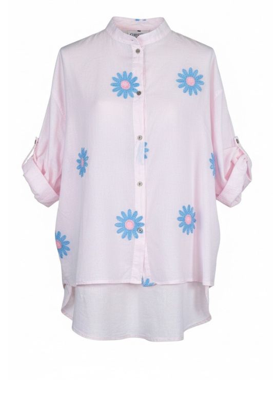 OM-HU Bodhi skjorte | Bomuldstop med broderede blomster i rosa I Dresslab