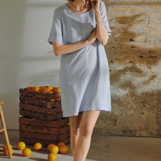 Freequent Lava dress | Stribet hørkjole i navy I Dresslab