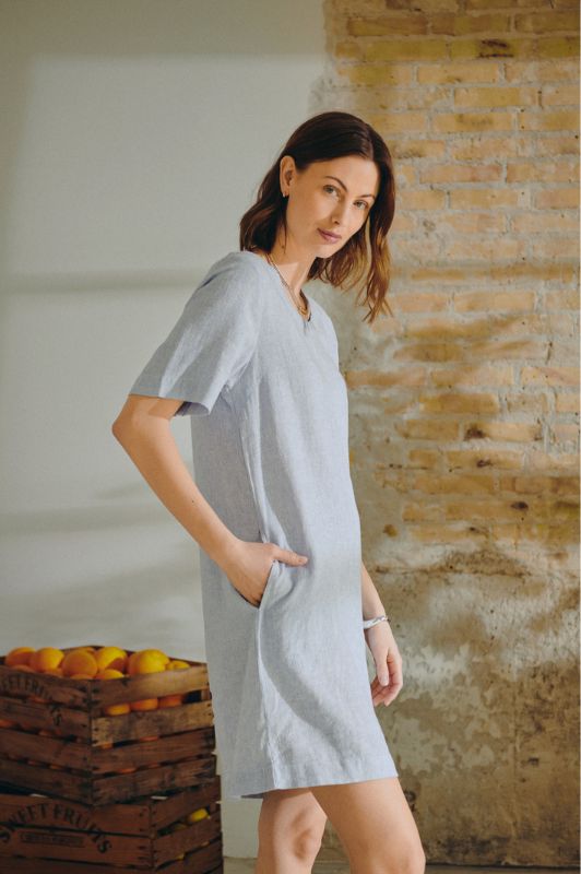 Freequent Lava dress | Stribet hørkjole i navy I Dresslab
