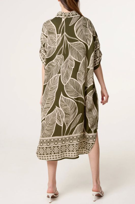 Studio West dress I A-shape sommerkjole med bladprint i khaki
