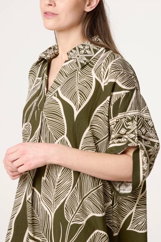 Studio West dress I A-shape sommerkjole med bladprint i khaki