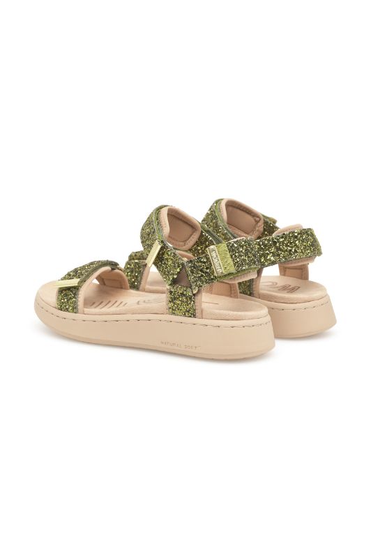 Woden Line sandal | Damesandal i glitter grøn look I Natural Soft sål