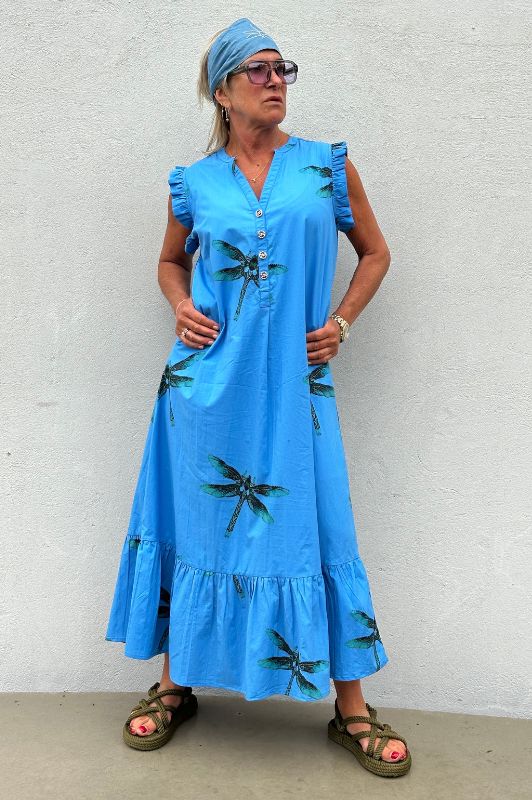PRE ORDER Gaspar Loule dragonfly dress | Blåt print guldsmed