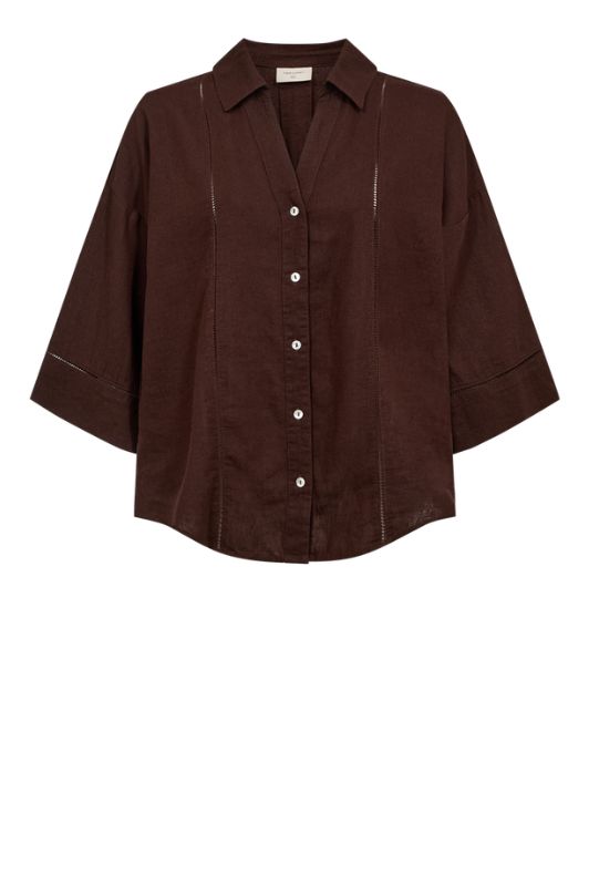 Freequent Laluna shirt | Hørskjorte med v-hals i brun I Dresslab