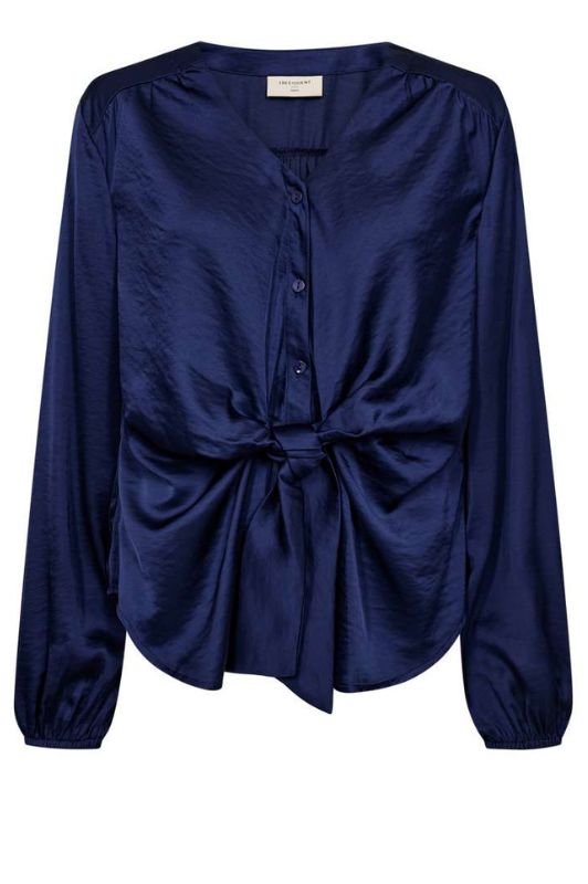 Freequent Dove bluse I Blå skjortebluse i satinlook med sløjfeeffekt