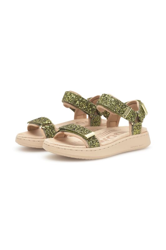 Woden Line sandal | Damesandal i glitter grøn look I Natural Soft sål