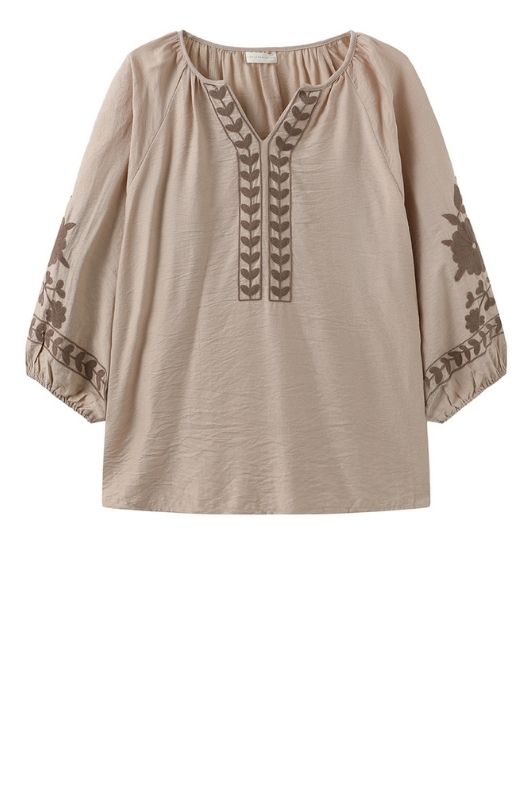 Luxzuz Vina boheme bluse i taupe med broderi I Dresslab