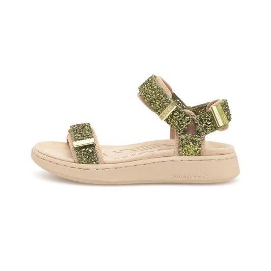 Woden Line sandal | Damesandal i glitter grøn look I Natural Soft sål