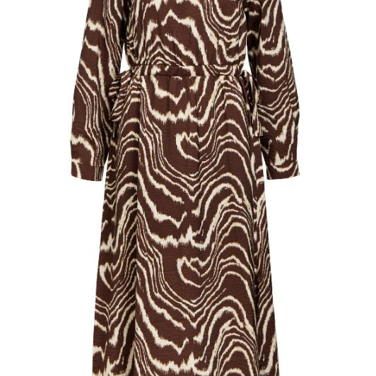 Object Jacira midi dress I Langærmet brun kjole med mønster I Dresslab