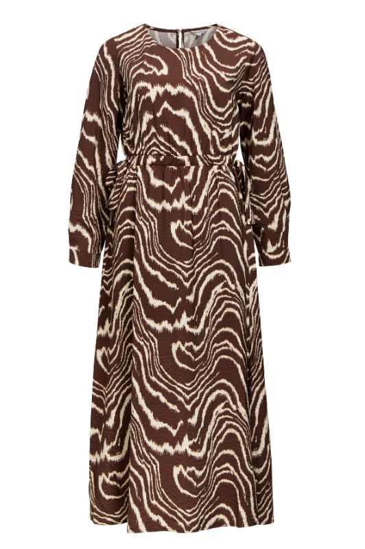 Object Jacira midi dress I Langærmet brun kjole med mønster I Dresslab
