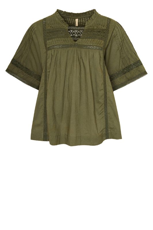 Ofelia Liv blouse I Sommerbluse med blondedetaljer i army grøn