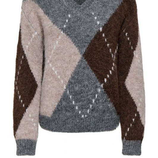 JDY Zoye argyle strik pulli I Ternet strik pulli gråmelange og brun