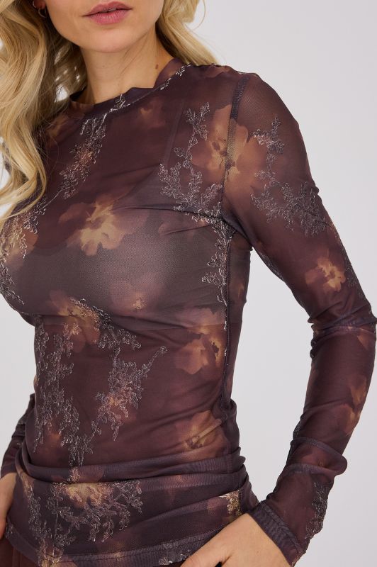 A-View Silke bluse I Brun meshbluse med blomsterprint