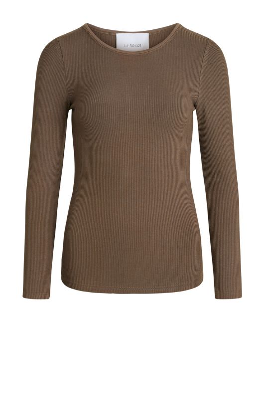 La Rouge Lisa langærmet ribtop med rund hals i mørk sand | DressLab