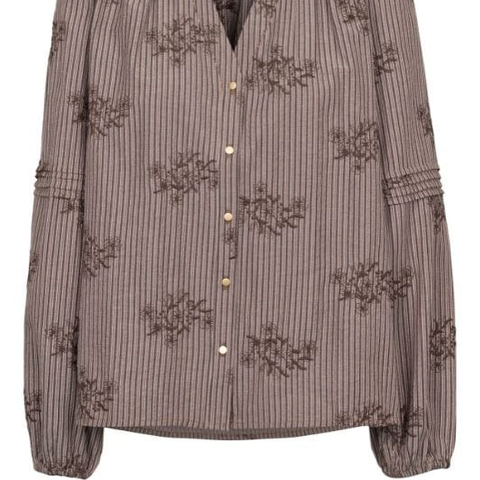 Prepair Harriet bluse I Brun stribet bluse med blomsterbroderinger