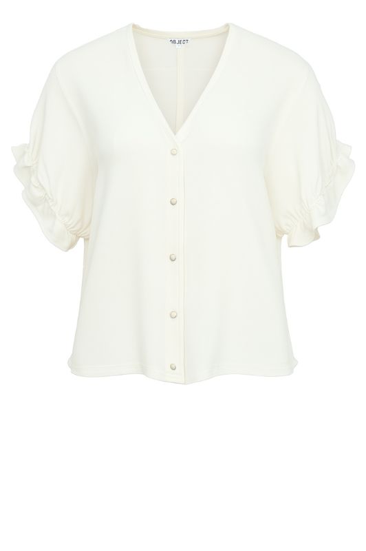 Object Frame V-neck creme bluse med korte ærmer