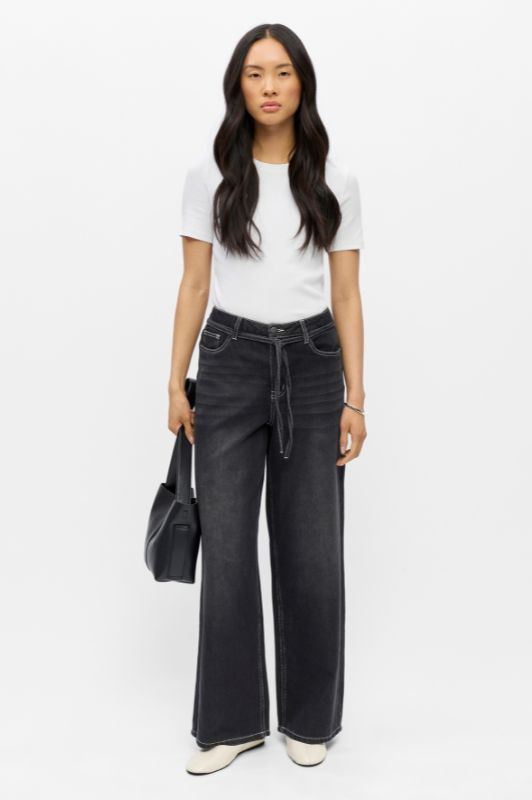 Object Rosie denim pant med bindebånd i taljen | Sort vask