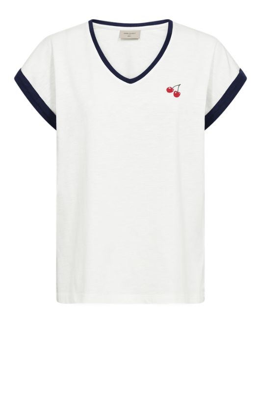 FreeQuent Viva t-shirt | Hvid t-shirt med broderi og navy kontrast I Dresslab
