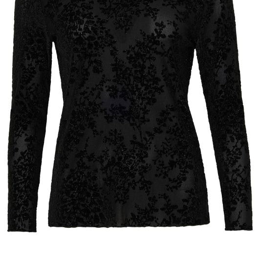 Ofelia Doma bluse | Sort meshbluse med velour mønster