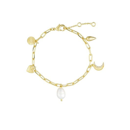Pure by Nat I Luna armbånd 24K guldbelagt med charms og ferskvandsperle