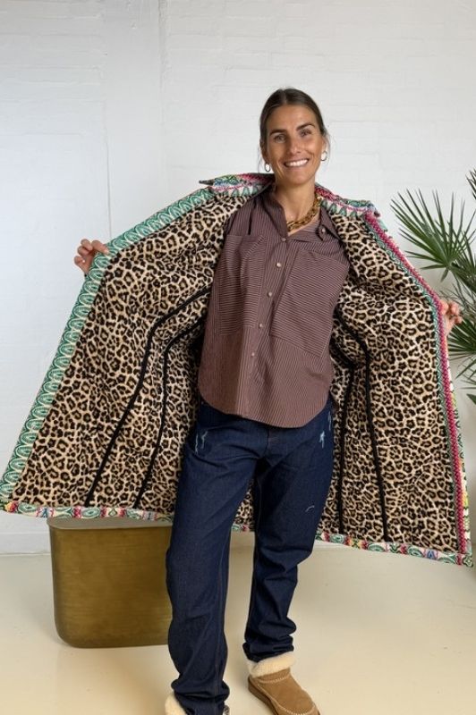 Gaspar Bruxelles winter coat  I Frakke i flot jaquard med leopard foer