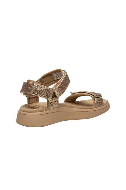 Woden Line sandal | Damesandal i glitter guld look I Natural Soft sål