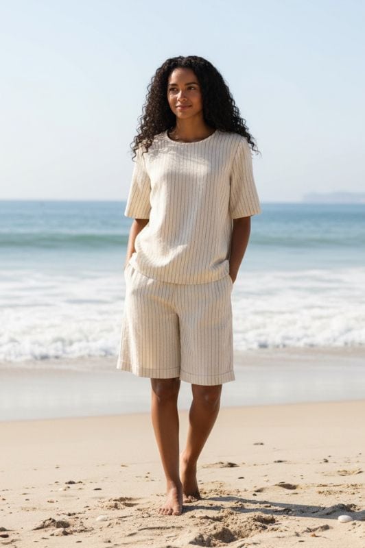 Ofelia Freja bluse sand pinstripe I Dresslab