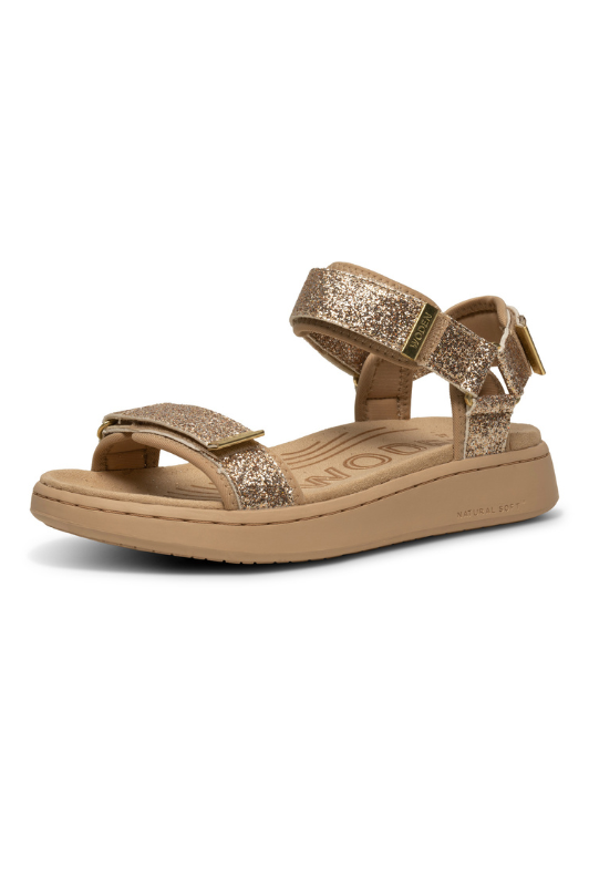 Woden Line sandal | Damesandal i glitter guld look I Natural Soft sål