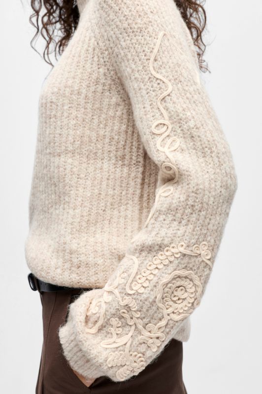 Object Lucia strik pullover i sand med hvidt broderi