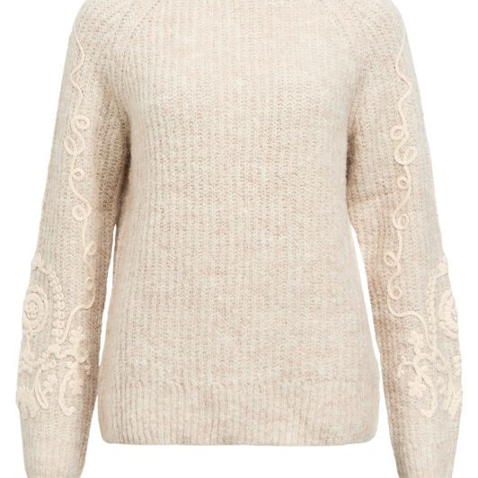 Object Lucia strik pullover i sand med hvidt broderi