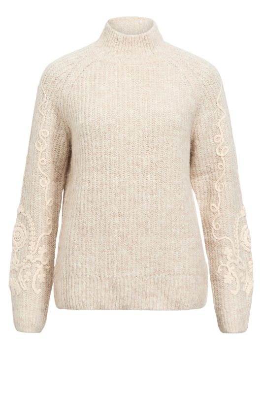 Object Lucia strik pullover i sand med hvidt broderi