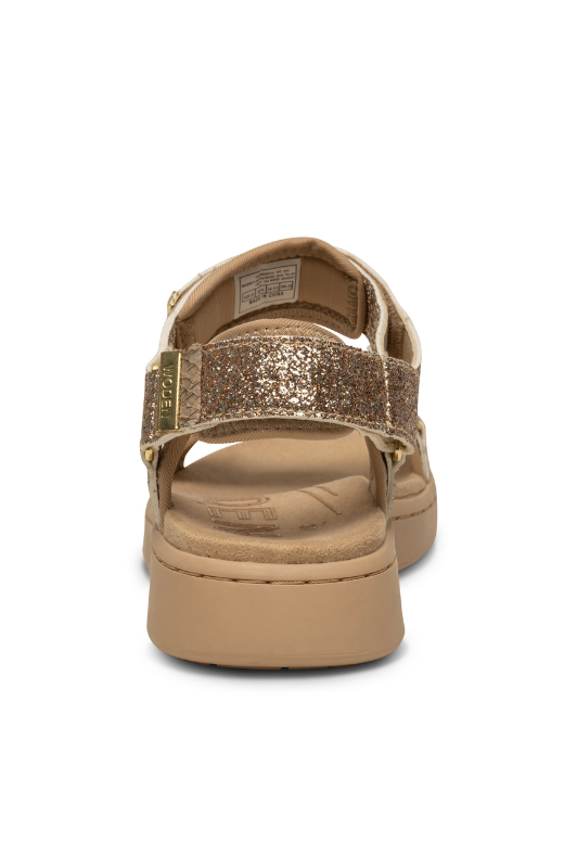 Woden Line sandal | Damesandal i glitter guld look I Natural Soft sål