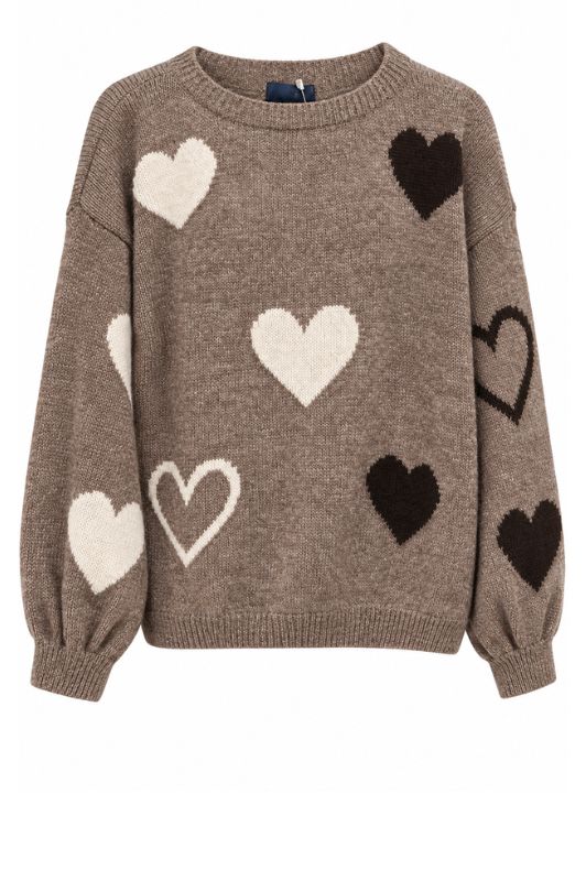 Marc Lauge Heart knit I Brun striktrøje med hjerter
