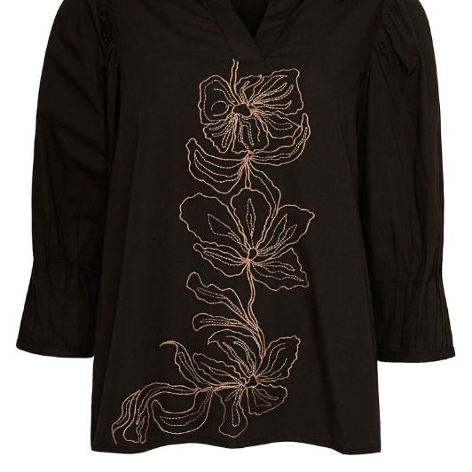 Ofelia Sol bluse i sort med sandfarvet broderi