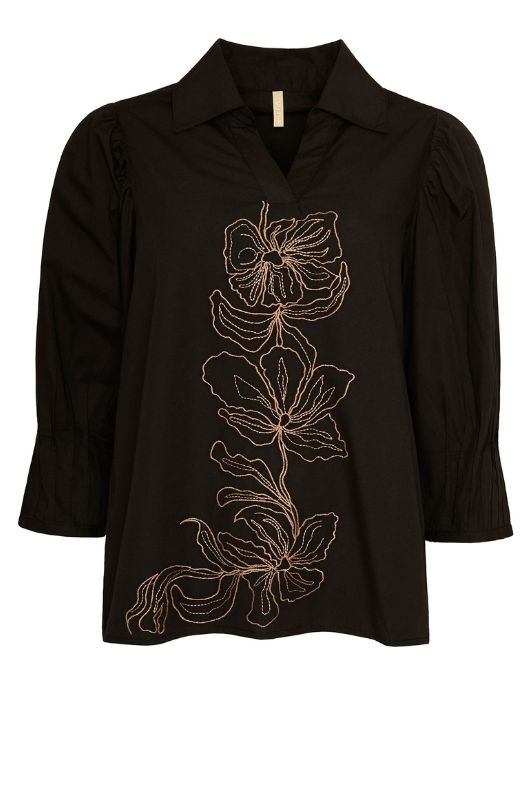 Ofelia Sol bluse i sort med sandfarvet broderi