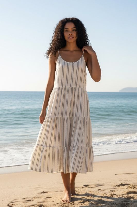 Ofelia Henni dress I Stribet stropkjole i sand I Dresslab