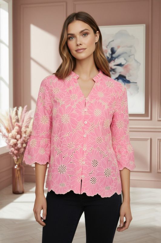 Ofelia Zyra broderie anglaise skjorte i pink  I Dresslab