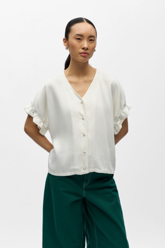 Object Frame V-neck creme bluse med korte ærmer