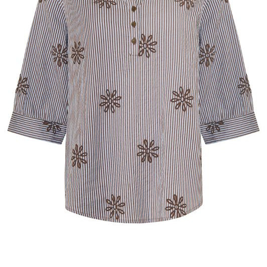 Ofelia Ella blå stribet bluse med brunt broderi print I Dresslab