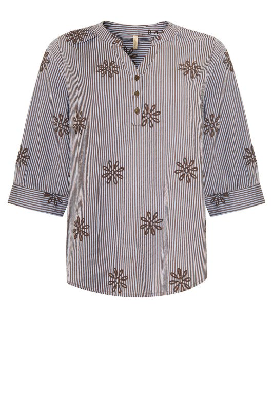 Ofelia Ella blå stribet bluse med brunt broderi print I Dresslab