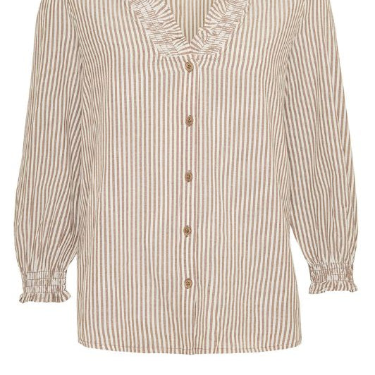 Ofelia Cleo shirt I Stribet brun skjorte med flæsedetaljer