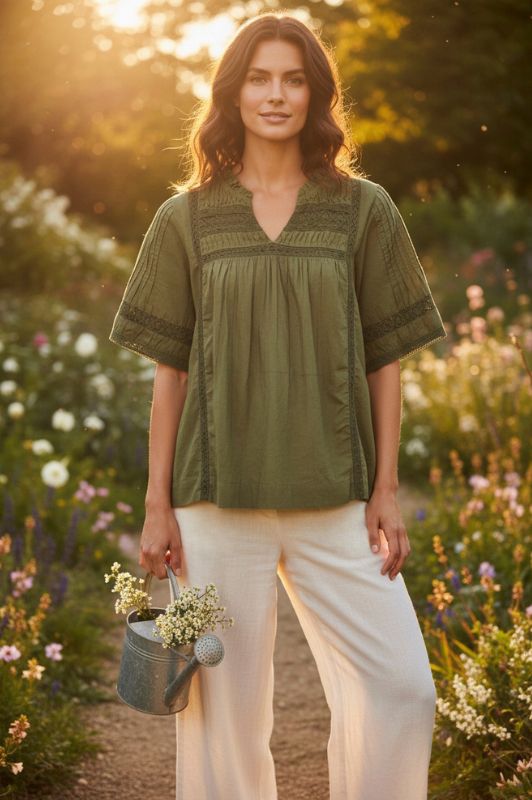 Ofelia Liv blouse I Sommerbluse med blondedetaljer i army grøn