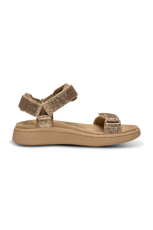 Woden Line sandal | Damesandal i glitter guld look I Natural Soft sål