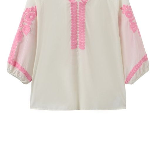Luxzuz Viktoria bluse i hvid med pink broderi