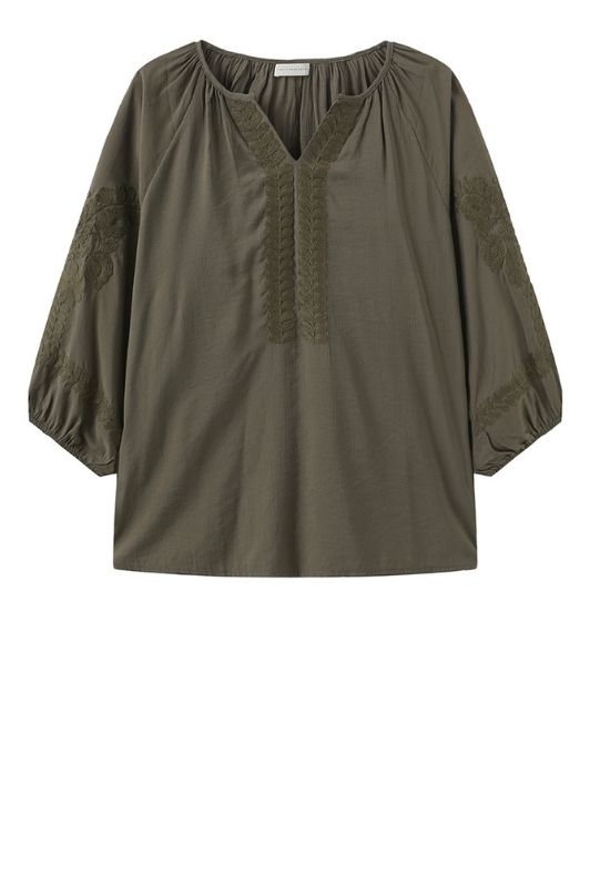 Luxzuz Viktoria bluse i khaki med khaki broderi